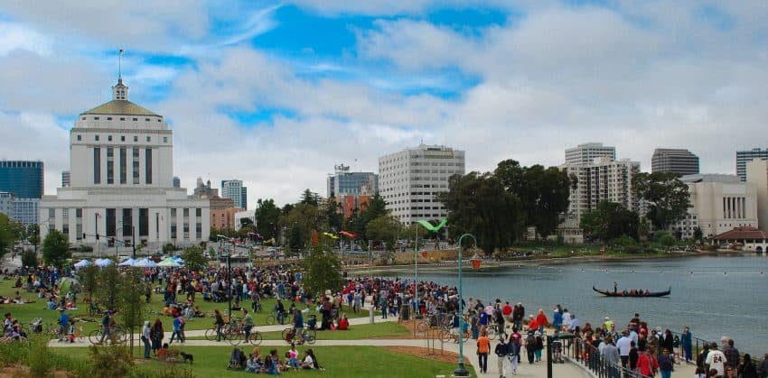 Lake Merritt, near the center of downtown Oakland California, where boat races and other activities take place. Barberstock photos.