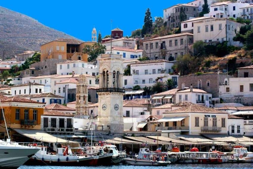 Hydra Harbor quay & clocktower. Gary Van Hass photos. belly dancing