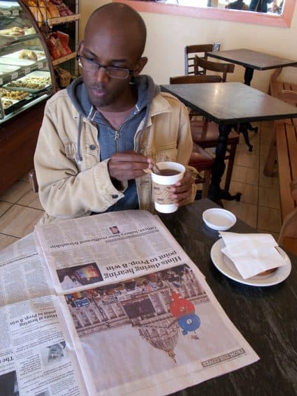 Relaxing at a cafe in Oakland, California.