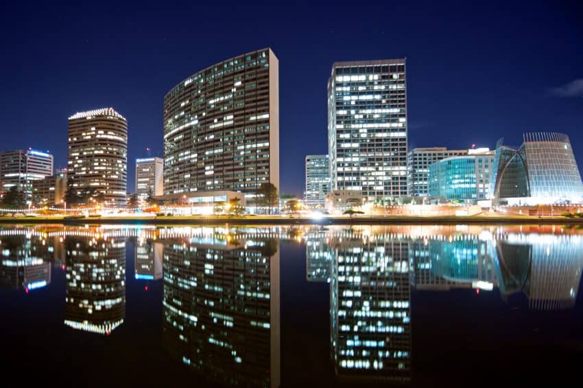 Oakland's dramatic skyline at night.