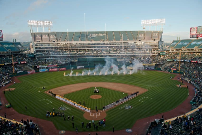 Opening day at the Oakland-Alameda County Coliseum on March 31, 2014 in Oakland, California. (Photo by Jeffery Bennett/Oakland Athletics)