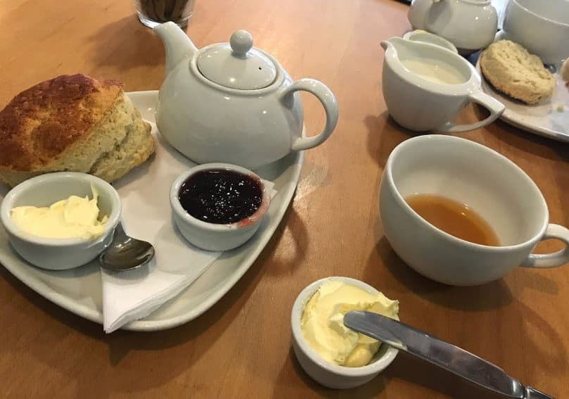 A generous cream tea, with jam and lots of clotted cream.