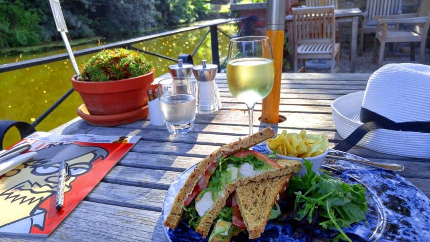 Lunch on the terrace by the Castle House Moat, Hereford.