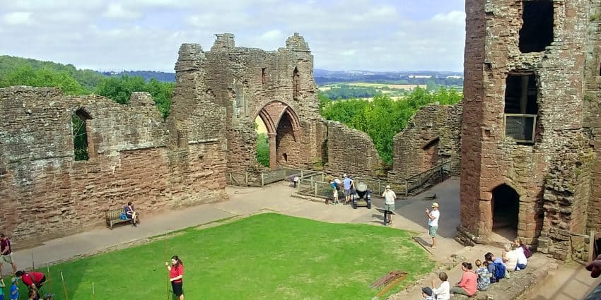 Goodrich Castle courtyard overlooking the Wye Valley, Herefordshire.