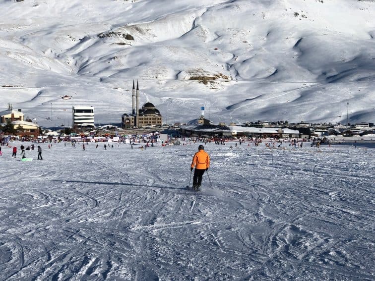Skiing the main run at Mount Erciyes in Central Turkey. You aim for the mosque to find the lodge. Max Hartshorne photos.