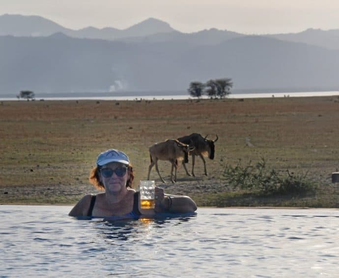 The Maramboi Tented Lodge infinity pool complete with wildebeests and local lager