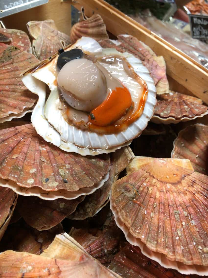 The inside of a fresh scallop at the Versailles market.