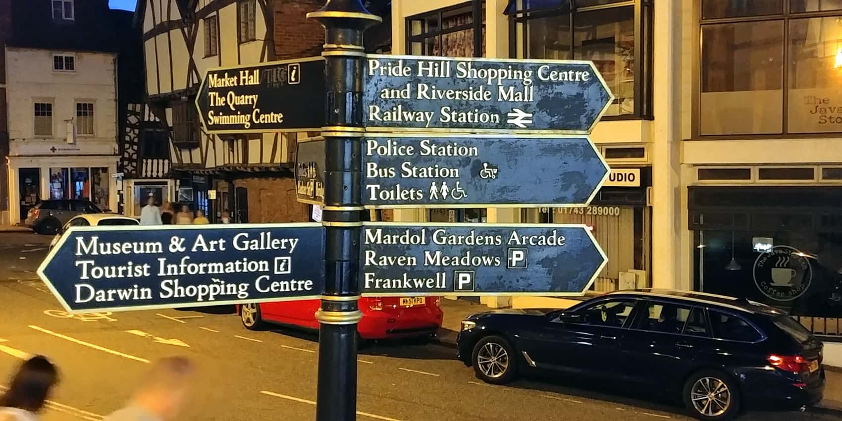 Direction signs in Shrewsbury Shropshire England