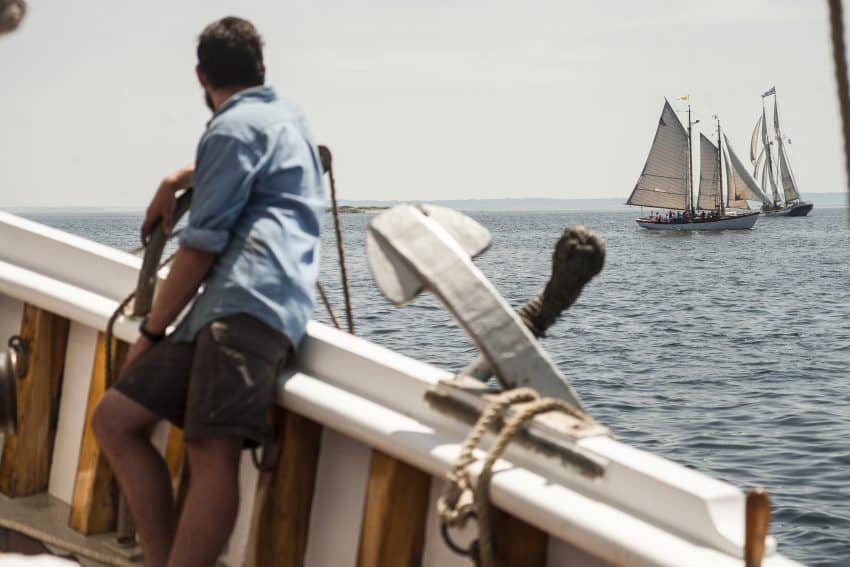 The Great Schooner Race: Kevin Flood, a deckhand on the schooner American Eagle, watches the race progress, July 5, 2019.