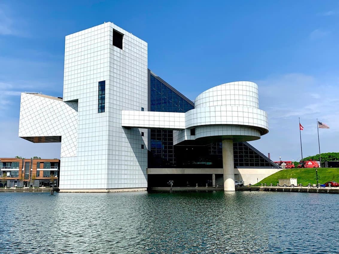 The back side of the I.M. Pei designed Rock and Roll Hall of Fame building is as impressive as the front.
