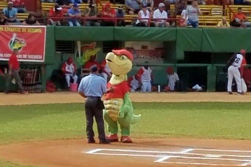 A mascot and an umpire at a Cuban baseball game. 