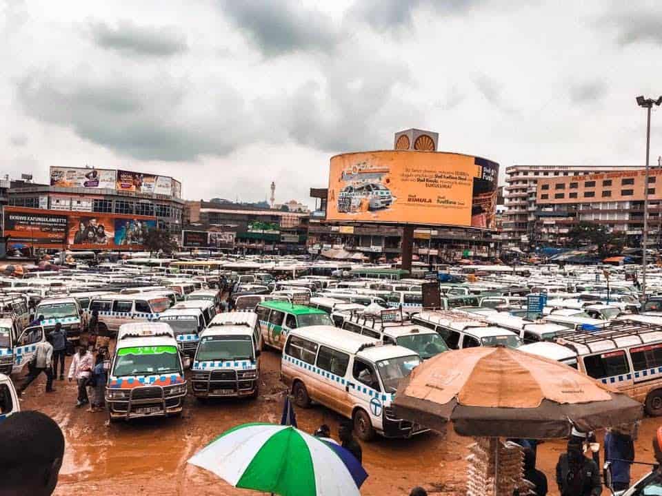 Minibus parking in Kampala, Uganda.