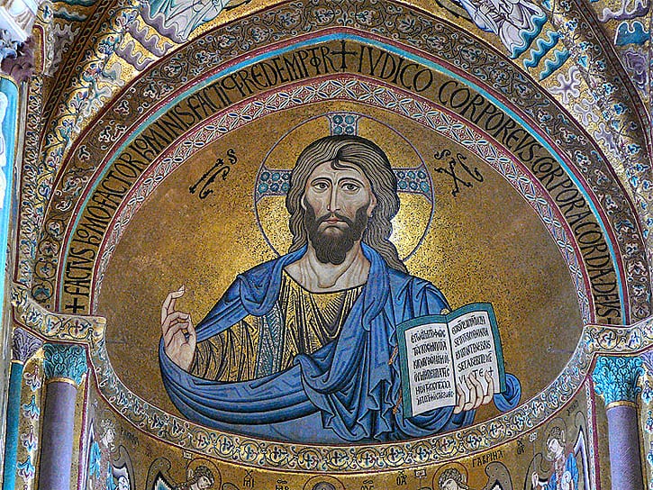 Mosaic of Christ Pantokrator in the Cathedral at Cefalu, Sicily (Photo via Wikipedia Commons)