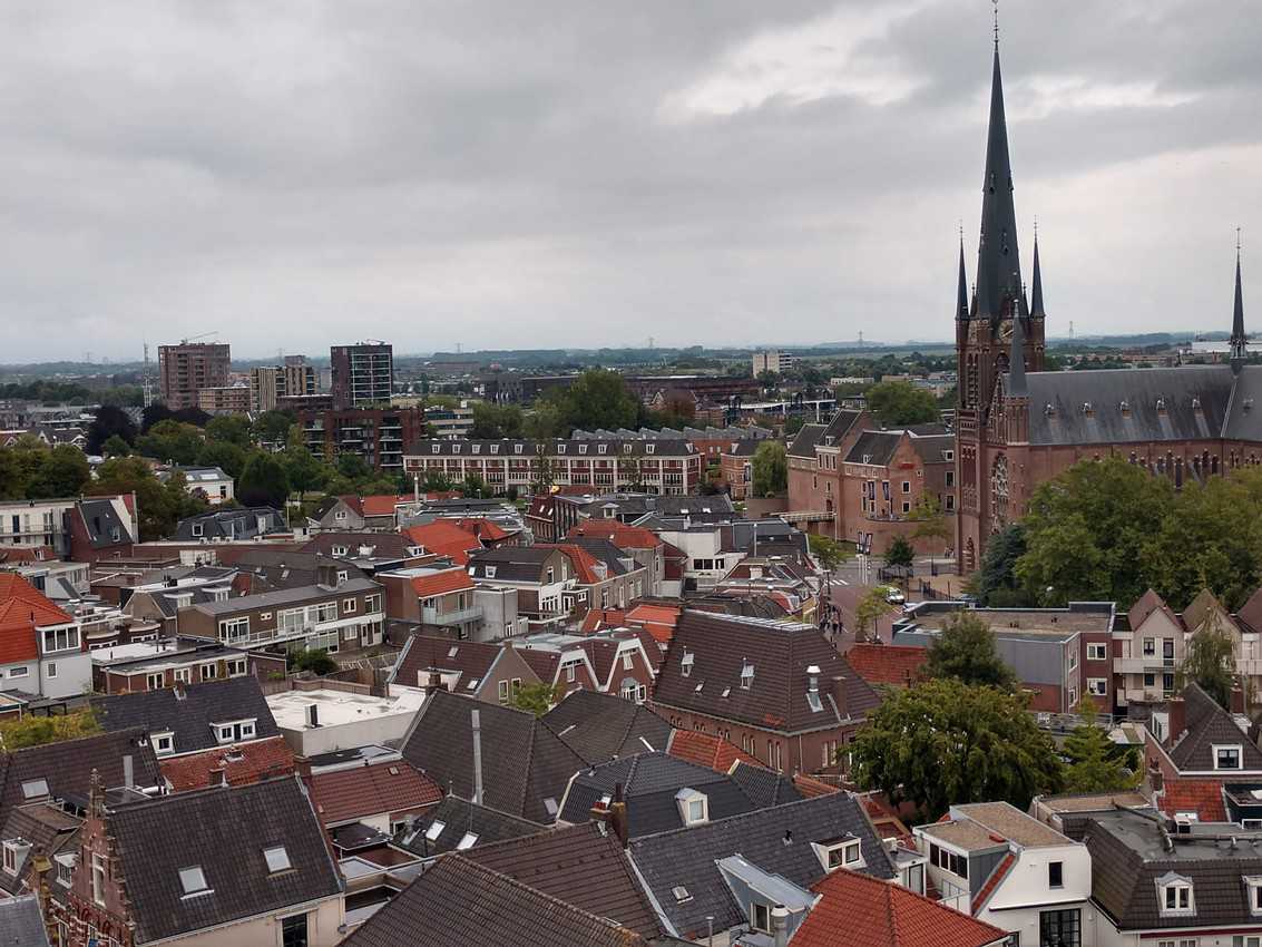 A view of the city of Woerden from the tower of Petruskurk, a church that dominates the city square.