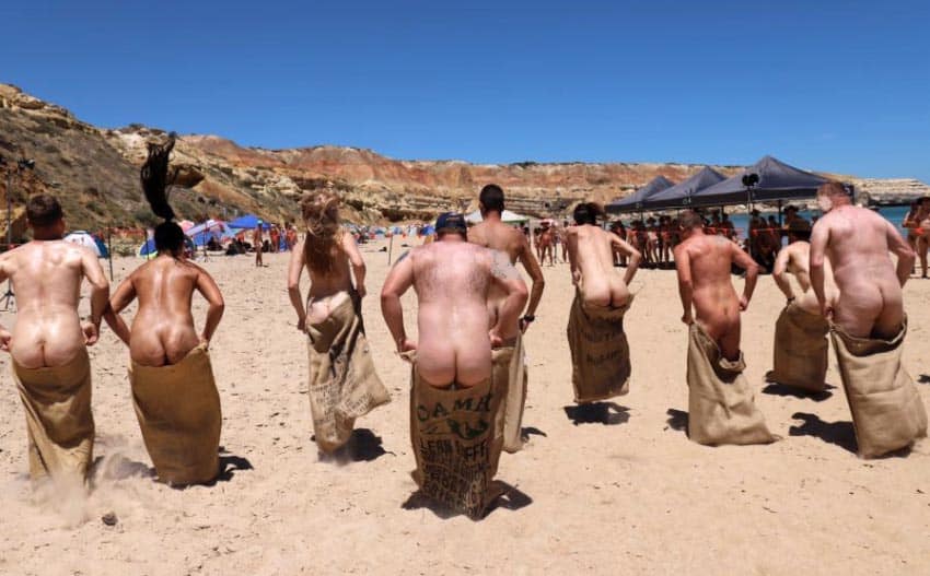 The lively sack race at the Maslin Nude Beach Olympics. David Pillar photo. nude beach games