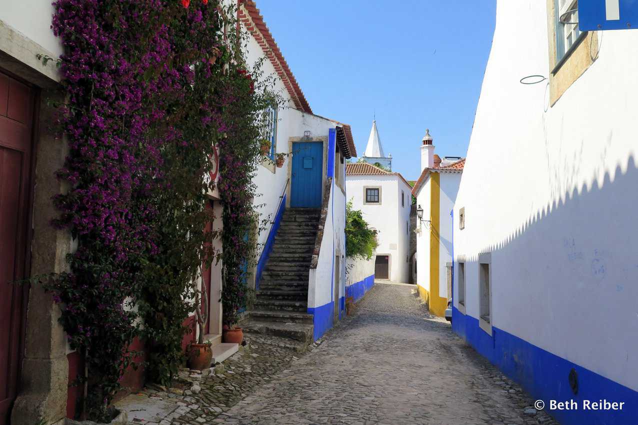 Whitewashed buildings with blue and ochre details and bougainvillea are part of Obidos' charm