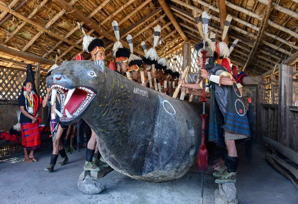 The Konyak tribe uses this carved creature as a base for their drumming during the Hornbill Festival.