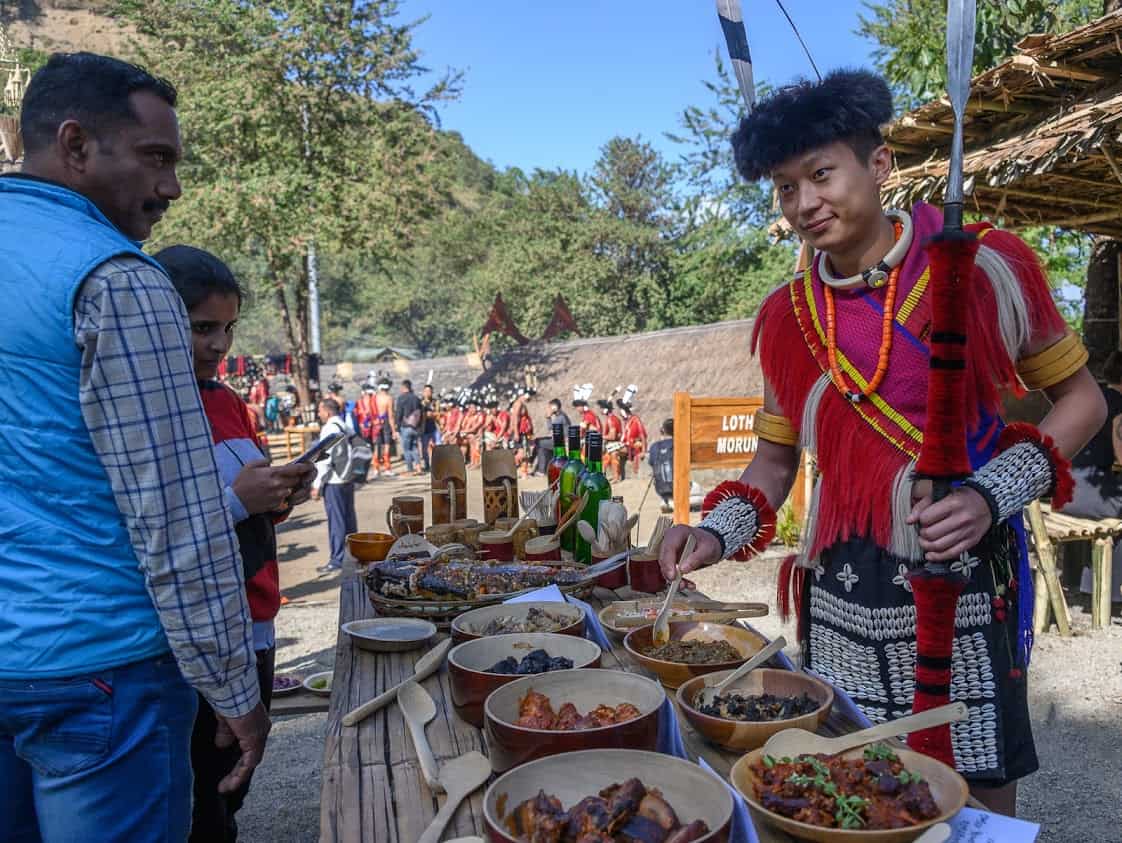 The Lotha people offer a unusual variety of dishes prepared on site during the Hornbill Festival.