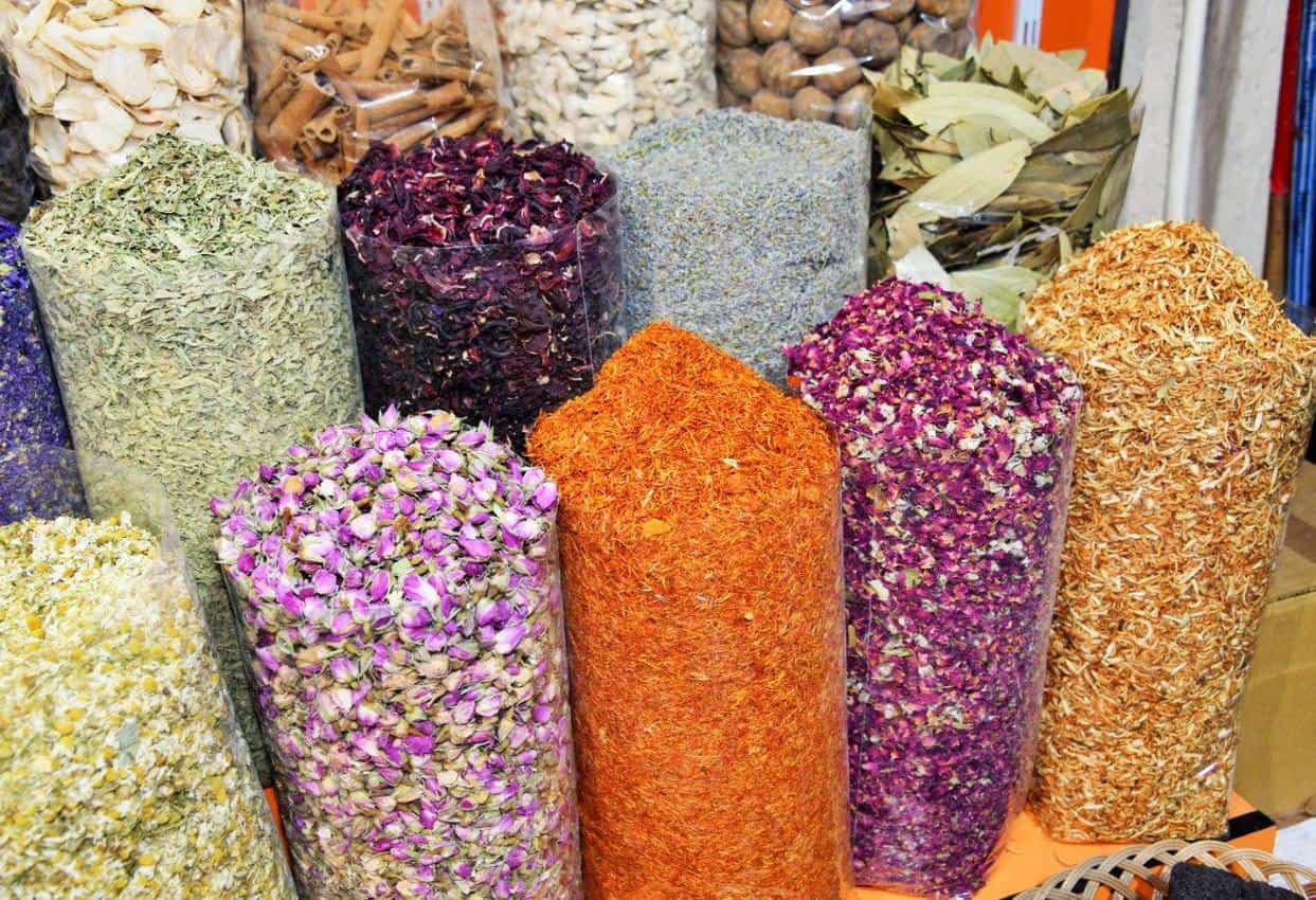 Spices laid out at a stall in the Deira Spice Souq