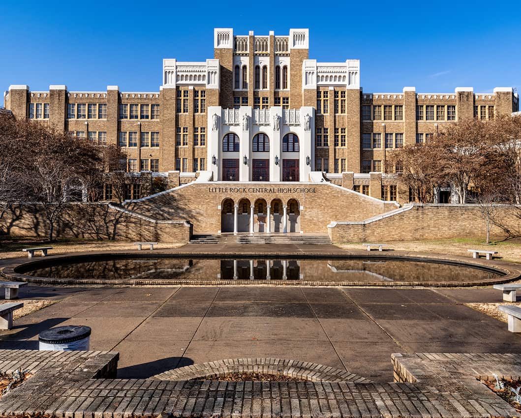 Little Rock Central High School with a memorial fountain devoted to the brave teenagers who desegregated the school in the 1950s.