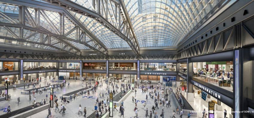 The beautiful new Moynihan Train Hall, where Amtrak trains depart and arrive in NYC.
