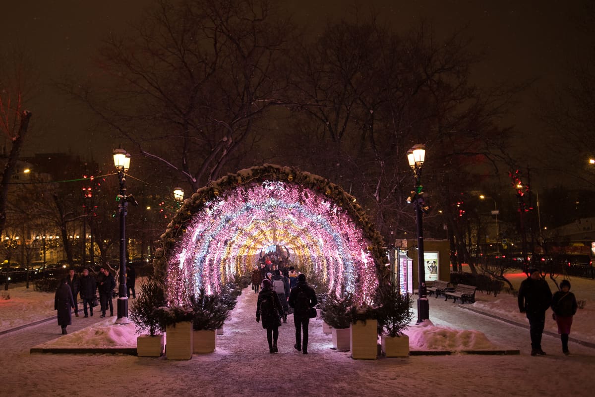 Moscow does Christmas like no other city. Here, a walk through a lit up tunnel in downtown.