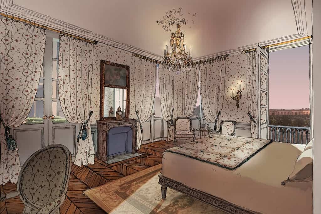 A drawing of one of the opulent rooms at the hotel being built inside the Versailles Palace gates. Airelles Chateaux photo.