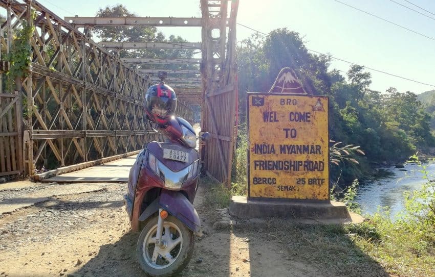 The author's scooter on the India-Myanmar International Border. Indian citizens are allowed to cross the border and visit Myanmar up to 16 kilometers without visa restrictions.