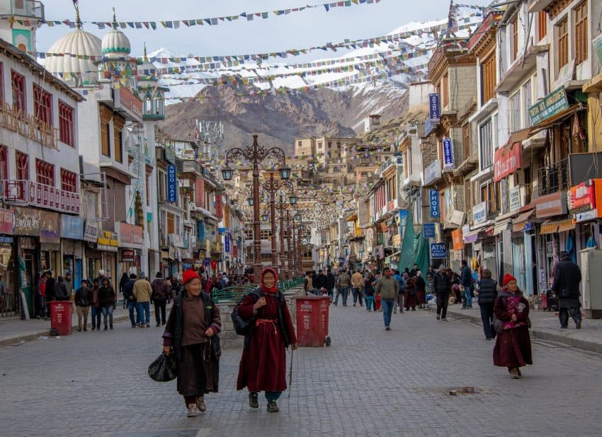 Leh, the capital of Ladakh, sees a steady stream of locals on the main shopping street, dressed for colder temperatures in late March. Donnie Sexton photos.
