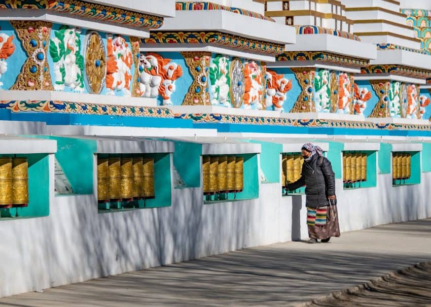 These prayer wheels are located on the grounds of Shewatsel Phodrang, the Ladakh residence of the 14th Dalai Lama.