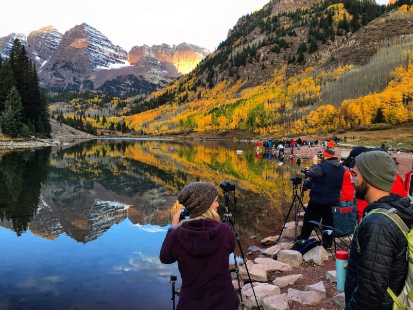 The Maroon Bells near Aspen, Colorado, very near the parking lot at 7 am, with the photographers left in.