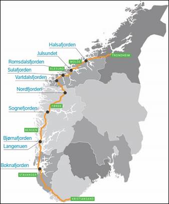 A map of the Norway's E39.