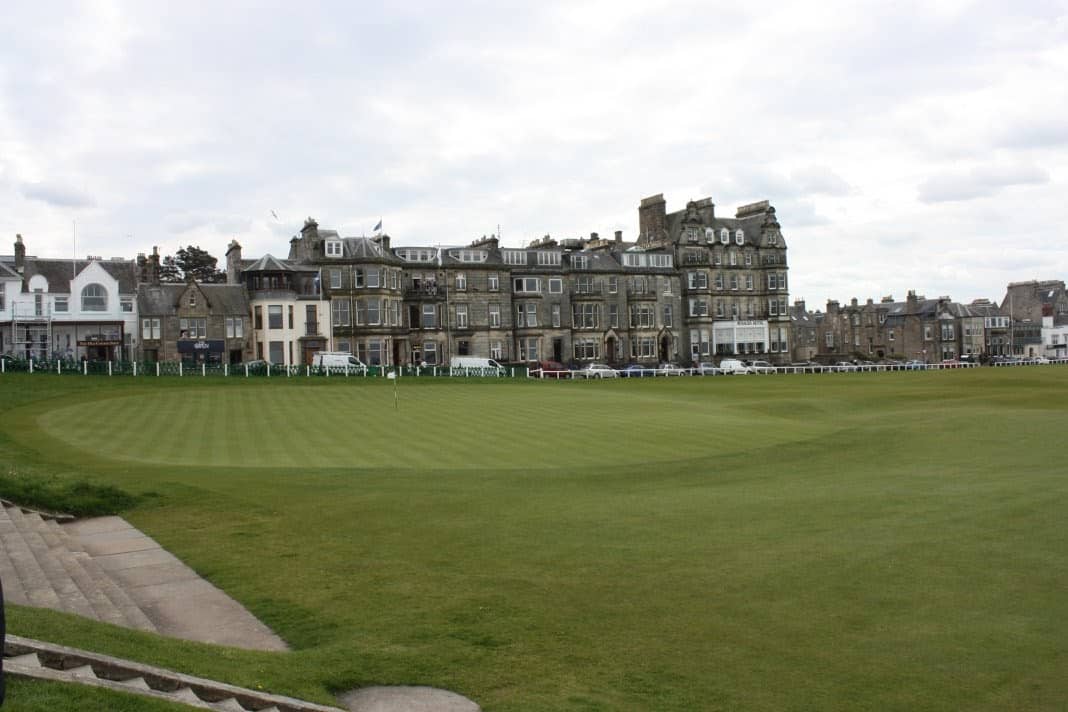 18th green of the Old Course, St. Andrews. In the background stand the Rusacks Hotel which opened in187.