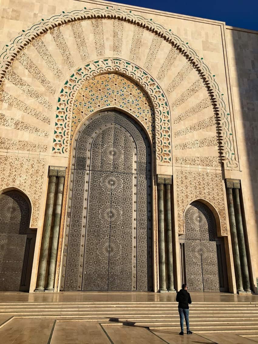 Zellige mosaic tiles adorn the exterior of the Hassan II Mosque designed by a French architect and opened in 1993. It’s a must-see in Casablanca, Morocco.