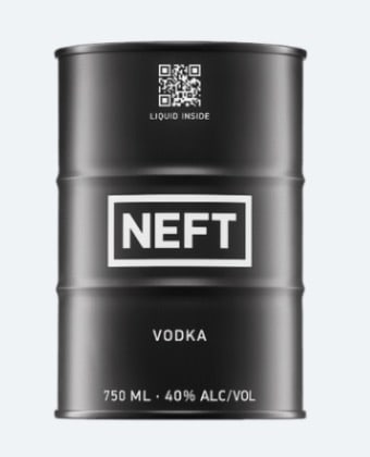 The NEFT Vodka 750 ml Barrel, in white and black.