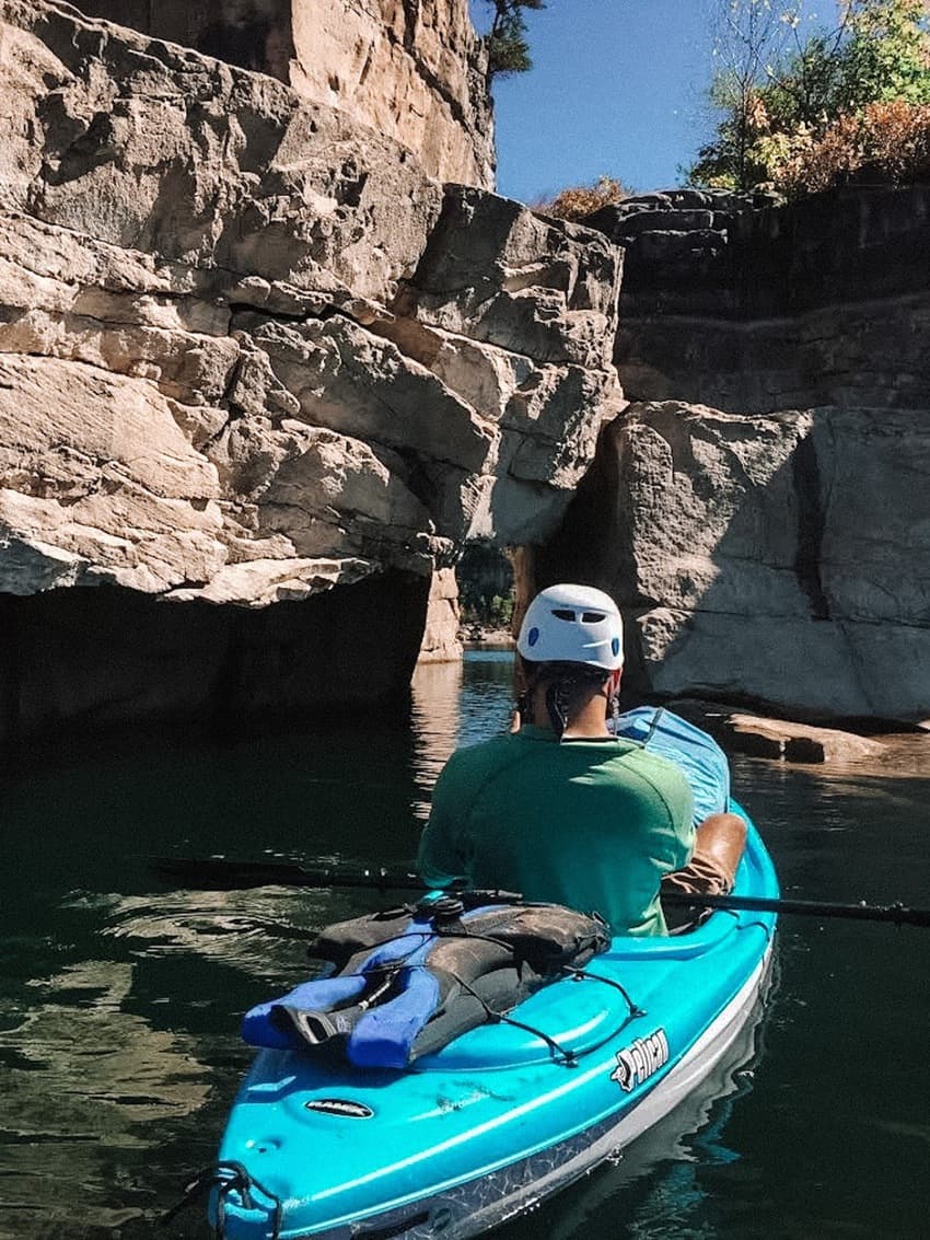 Kayaking through some tight terrain. With a lake as expansive as Summersville's, you can always find new areas to climb.