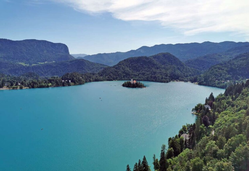 Lake Bled as seen from the top of Bled Castle in Slovenia.
