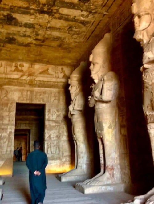 The hypostyle grand hall is lined by eight Osiris Statues, while ceiling and walls are decorated with imagery and reliefs, once in vibrant colors. 