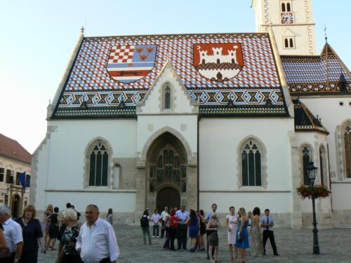A decorative roof on a church in downtown Zagreb Croatia. Max Hartshorne photo.