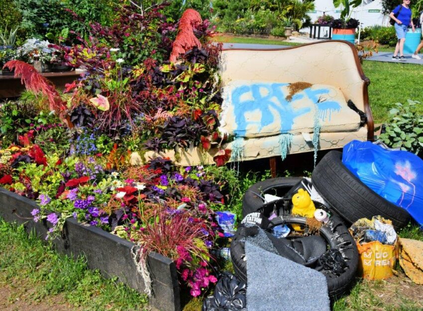 Trash and flowers at Philadelphia Flower Show