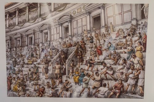  An illustration of the crowd during the gladiator games. Notice the gambling.