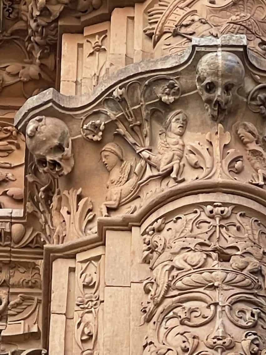 Details in the carved marble facade of the Cathedral in Salamanca.