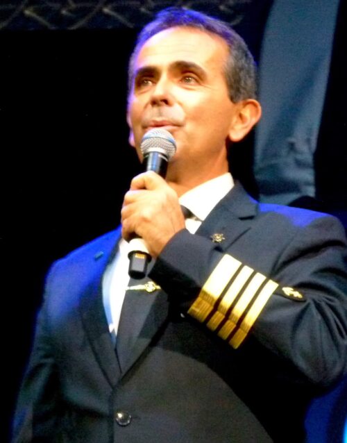 Ship Captain Ioannis Kasimatis welcomes passengers.