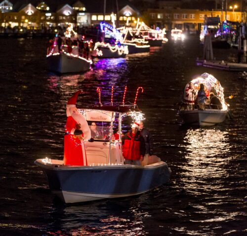 Christmas decorated boats in Newport Harbor for the Holidays.