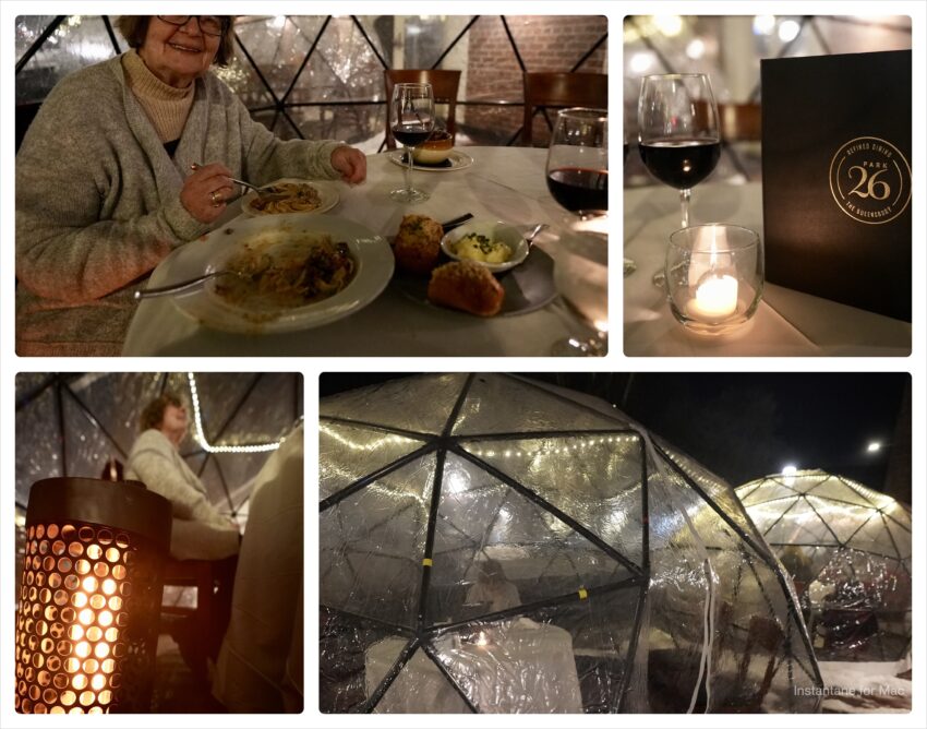 The comforts of igloo dining comes with space heaters, wool blankets and table candles. 
