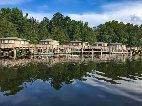 10 cabins at Santee State Park sit on a pier over the lake. The land-based cabins are lakeside and some of them are pet friendly. Santee Cooper Photo courtesy of Discover South Carolina.