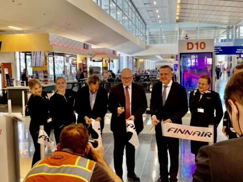 Finnair officials at the ribbon cutting at Dallas Fort Worth Airport. Andy Rhodes photo.