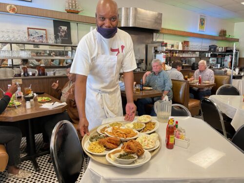 Southern specialties like redfish and fried chicken at the famous Mayflower Cafe,downtown Jackson Mississippi. Max Hartshorne photos.