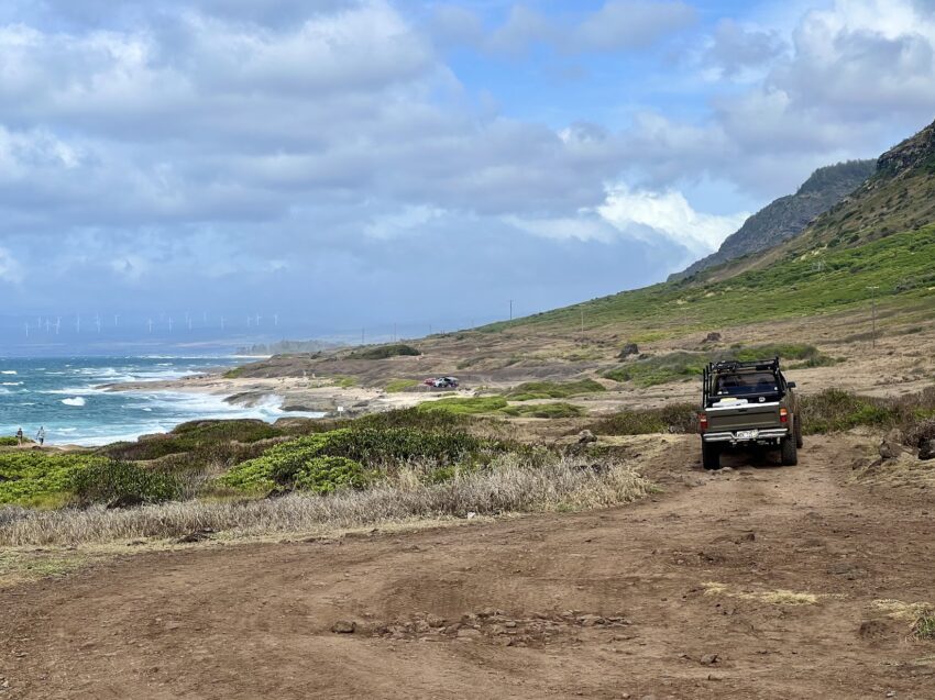 The trail view as we retraced our steps eastward featured a distant view of Oahu's North Shore. Though we were on foot, four-wheel-drive vehicles are also allowed on portions of the trail with a state permit.