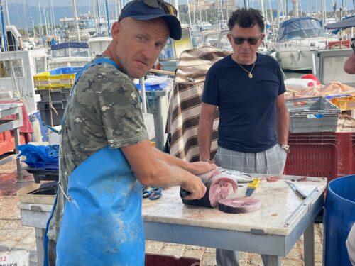 Fresh fish vendor next to the impressive harbor full of yachts in Antibes.